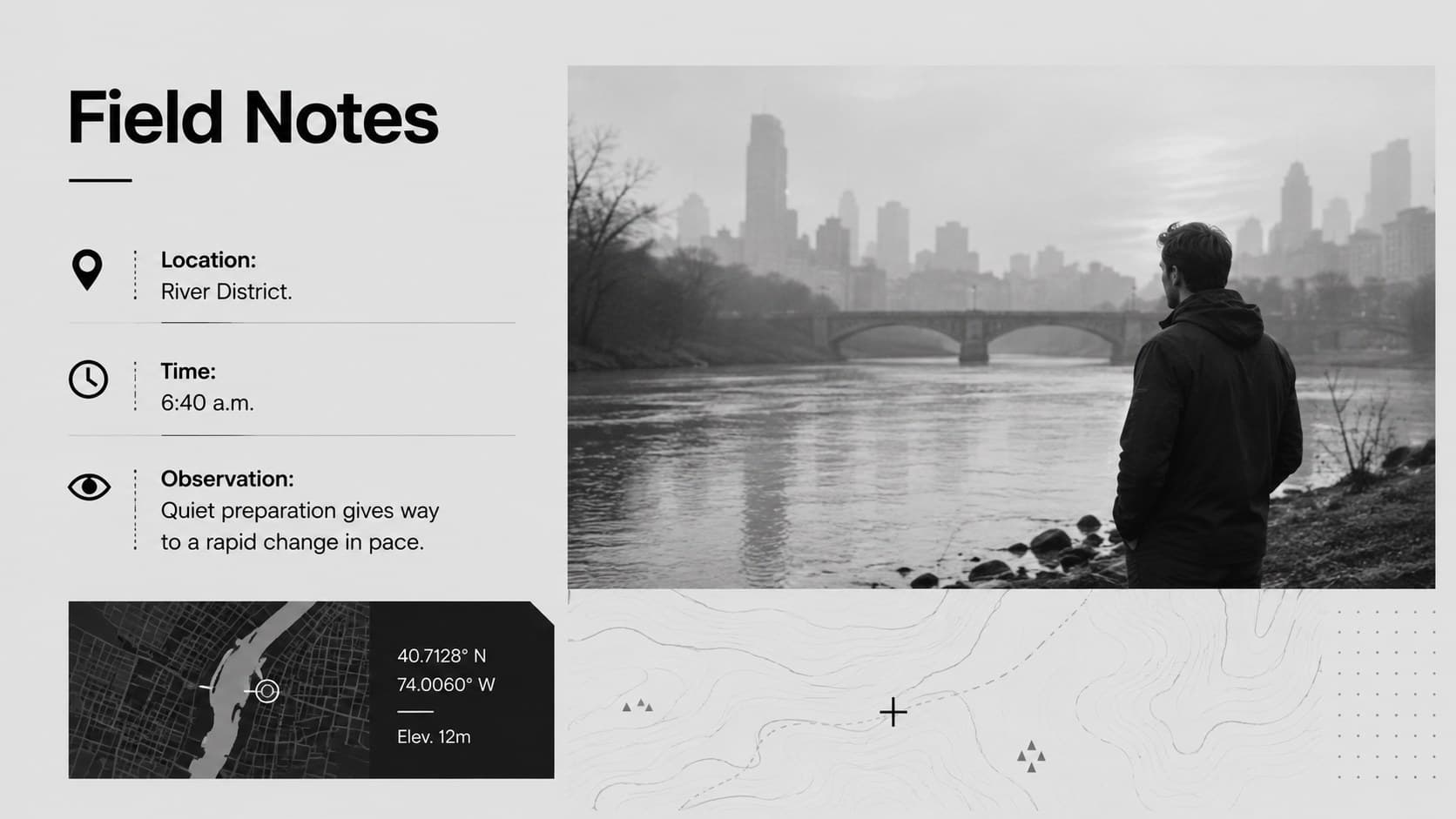 Monochrome field notes slide pairing a documentary photograph with location, date, and reporting observations.