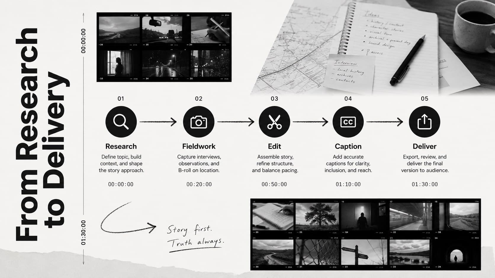 Documentary photographer workflow slide showing research, fieldwork, editing, captioning, and delivery stages.