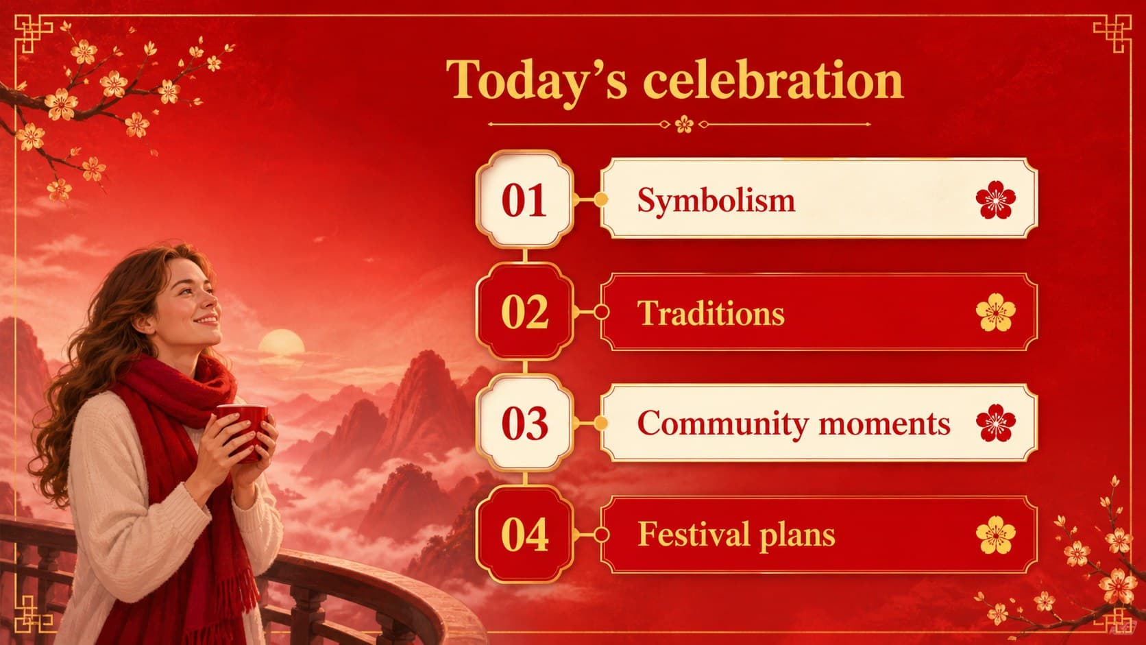 Agenda slide outlining a Dog Year celebration presentation with red panels and gold decorative motifs.