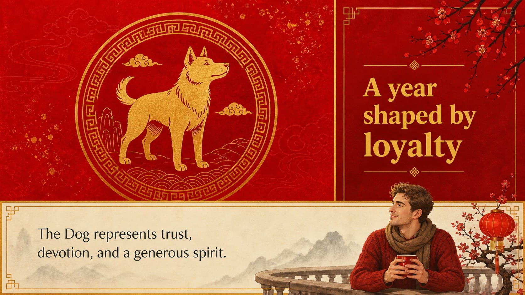 Opening story slide introducing the loyal Dog Year symbol with an illustrated red background.