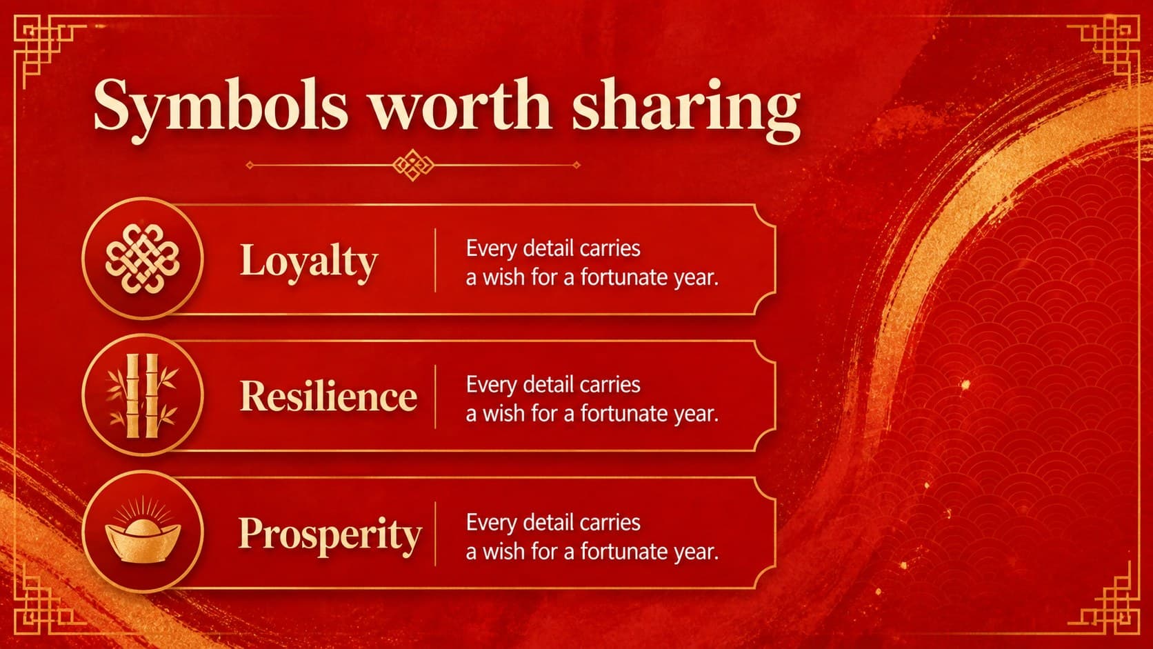 Cultural context slide explaining Spring Festival symbolism through illustrated red and gold sections.