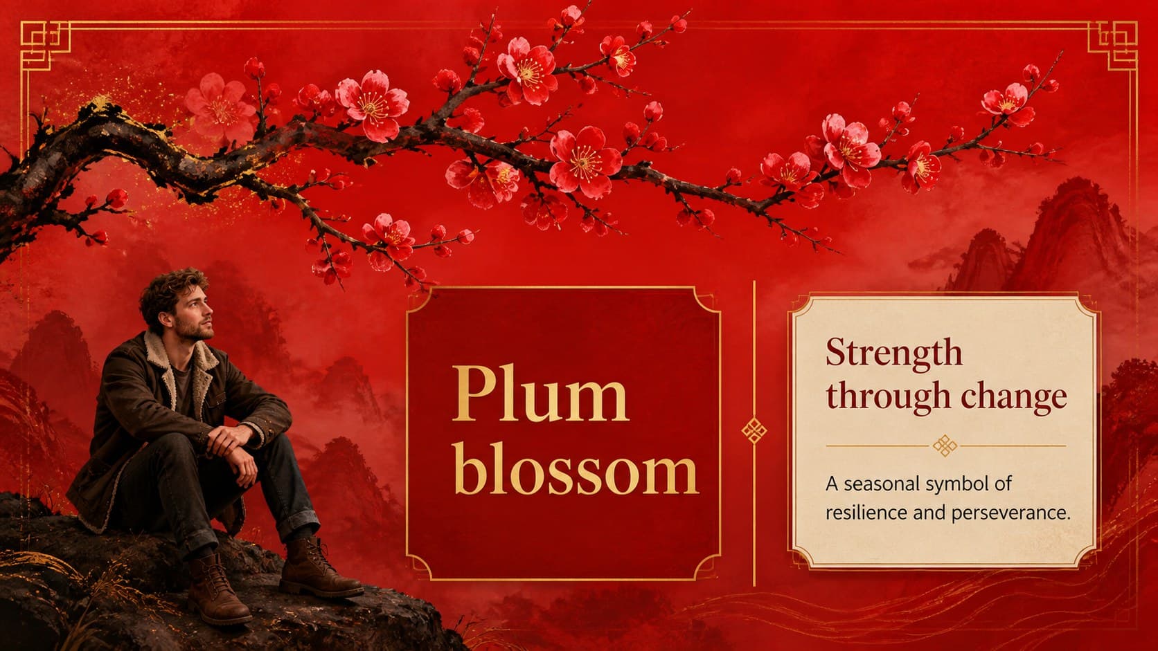 Plum blossom symbolism slide for a red gold lunar new year presentation with a large botanical illustration.
