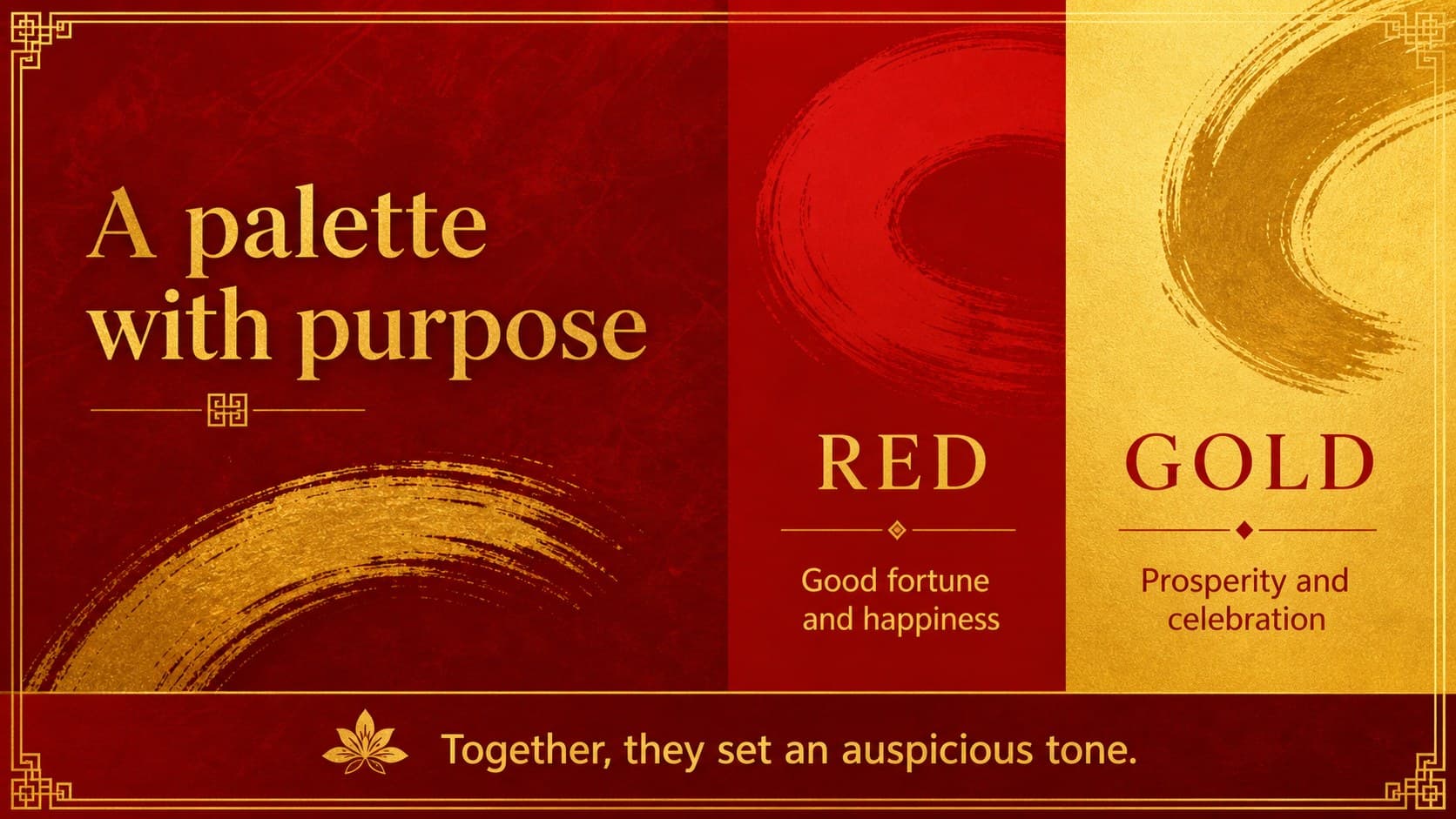 Color meaning slide showing red and gold symbolism in an illustrated Lunar New Year deck.
