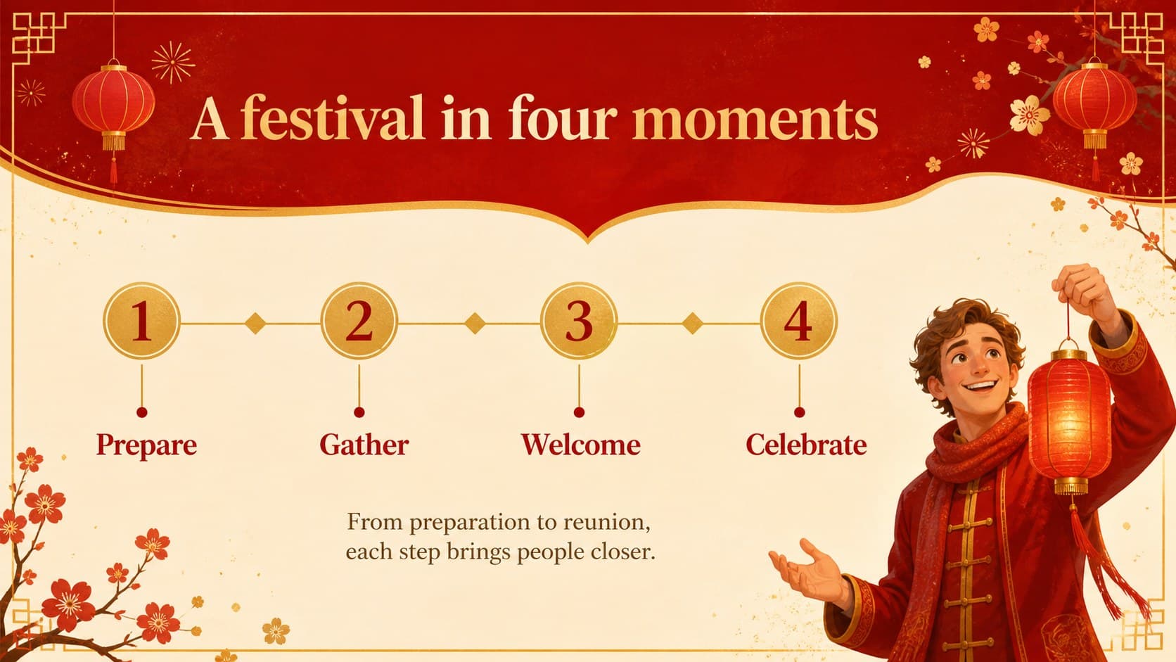 Festival traditions slide with a timeline of Spring Festival customs and gold numbered markers.