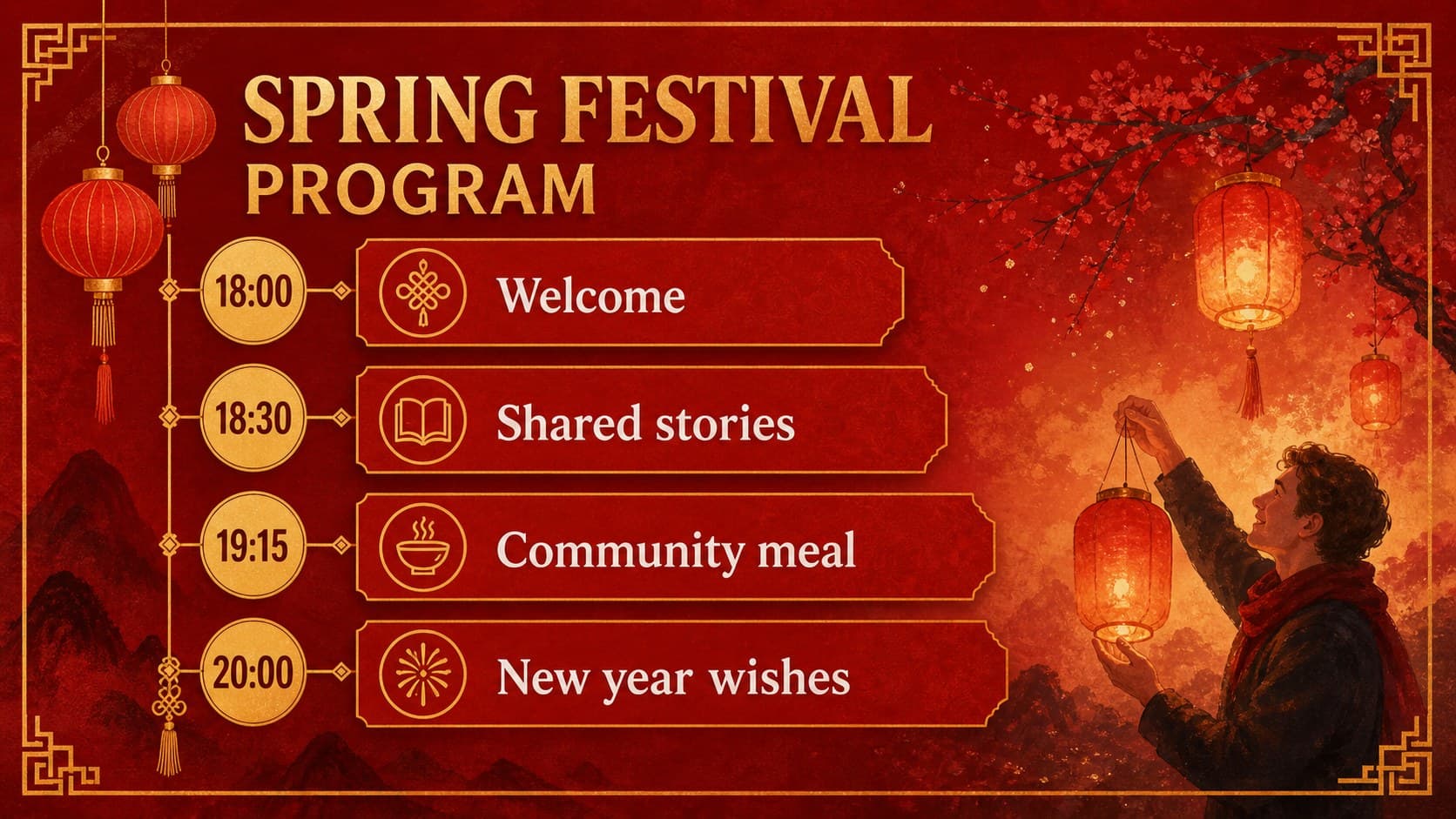 Event program slide presenting a Spring Festival schedule in red and gold with editable time blocks.