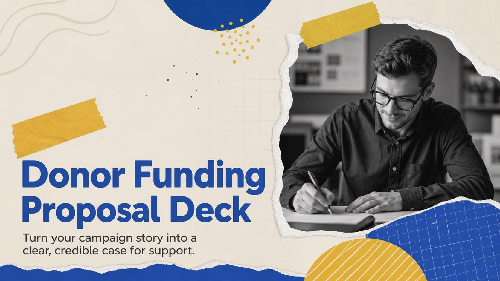 Cover of a donor funding proposal deck with layered paper textures and blue and yellow collage accents.