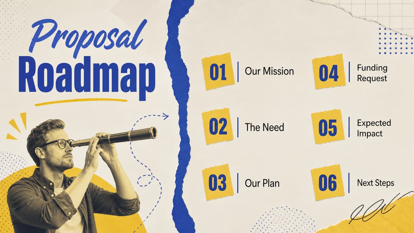Agenda slide outlining the sections of a nonprofit funding request presentation.