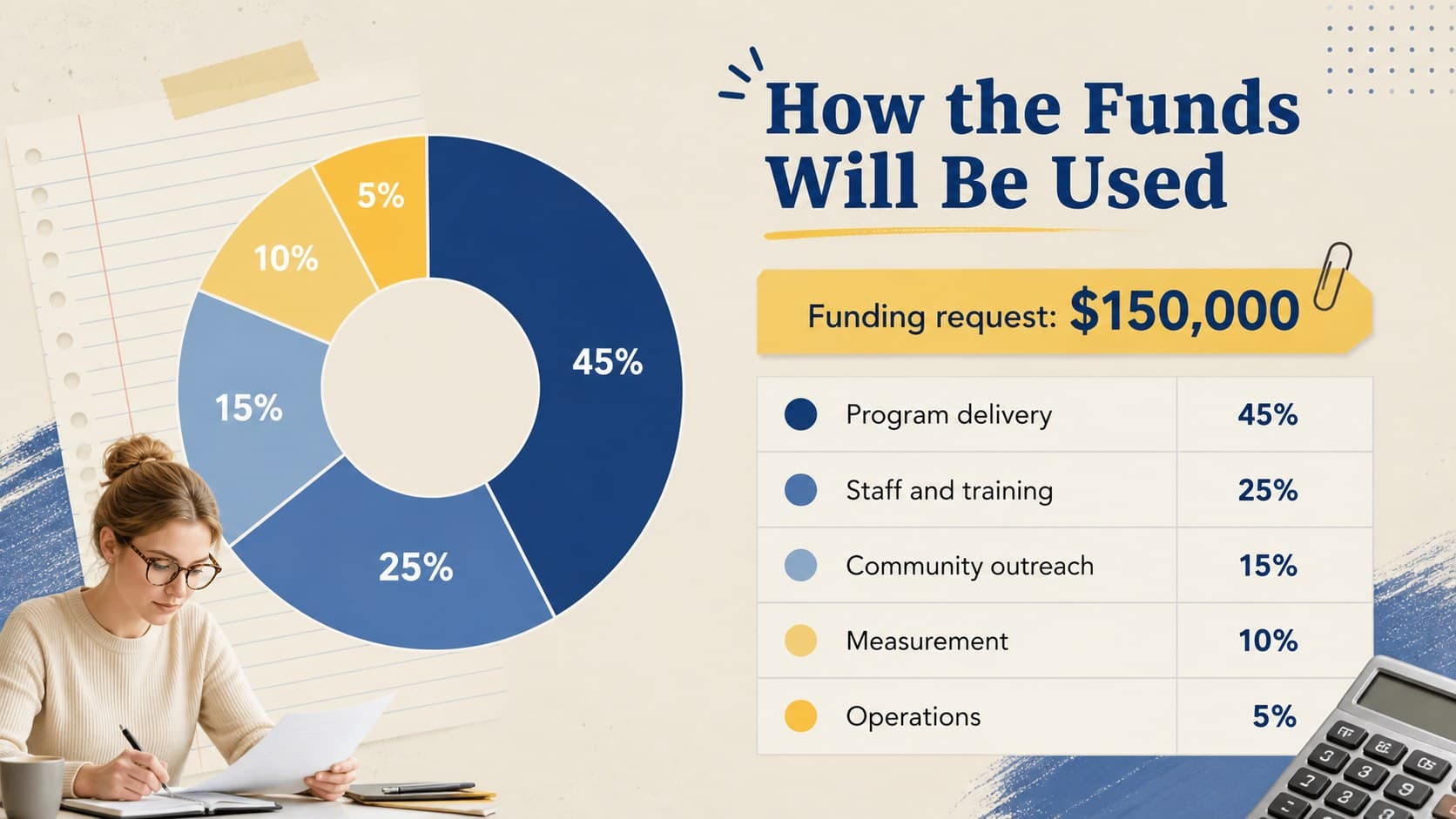 Itemized budget slide for a fundraising budget presentation template with a funding allocation chart.