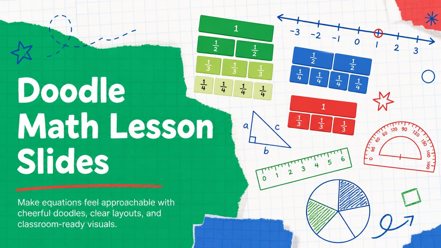 Cover for Doodle Math Lesson Slides with colorful classroom symbols on a green and blue illustrated background.
