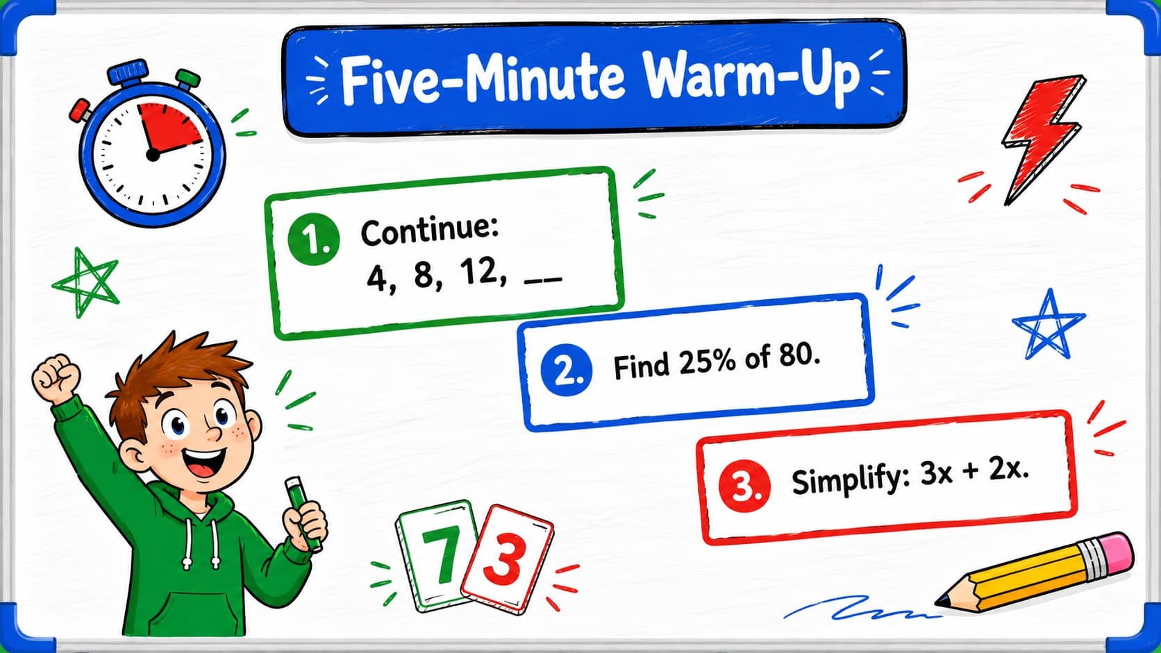 Math warm-up presentation featuring three number pattern questions in colorful illustrated boxes.