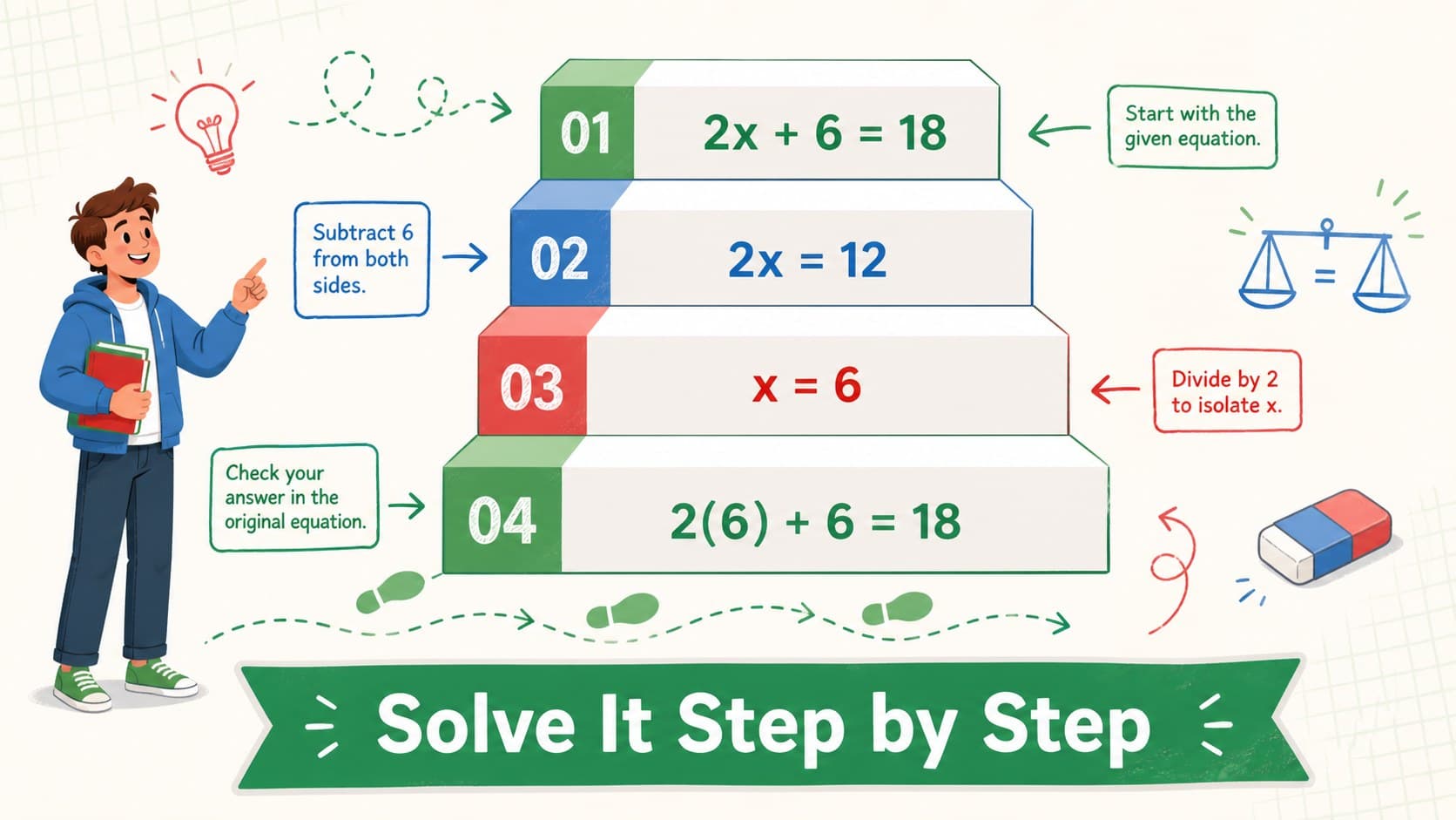 Editable math classroom slide deck page showing a four-step worked equation example.