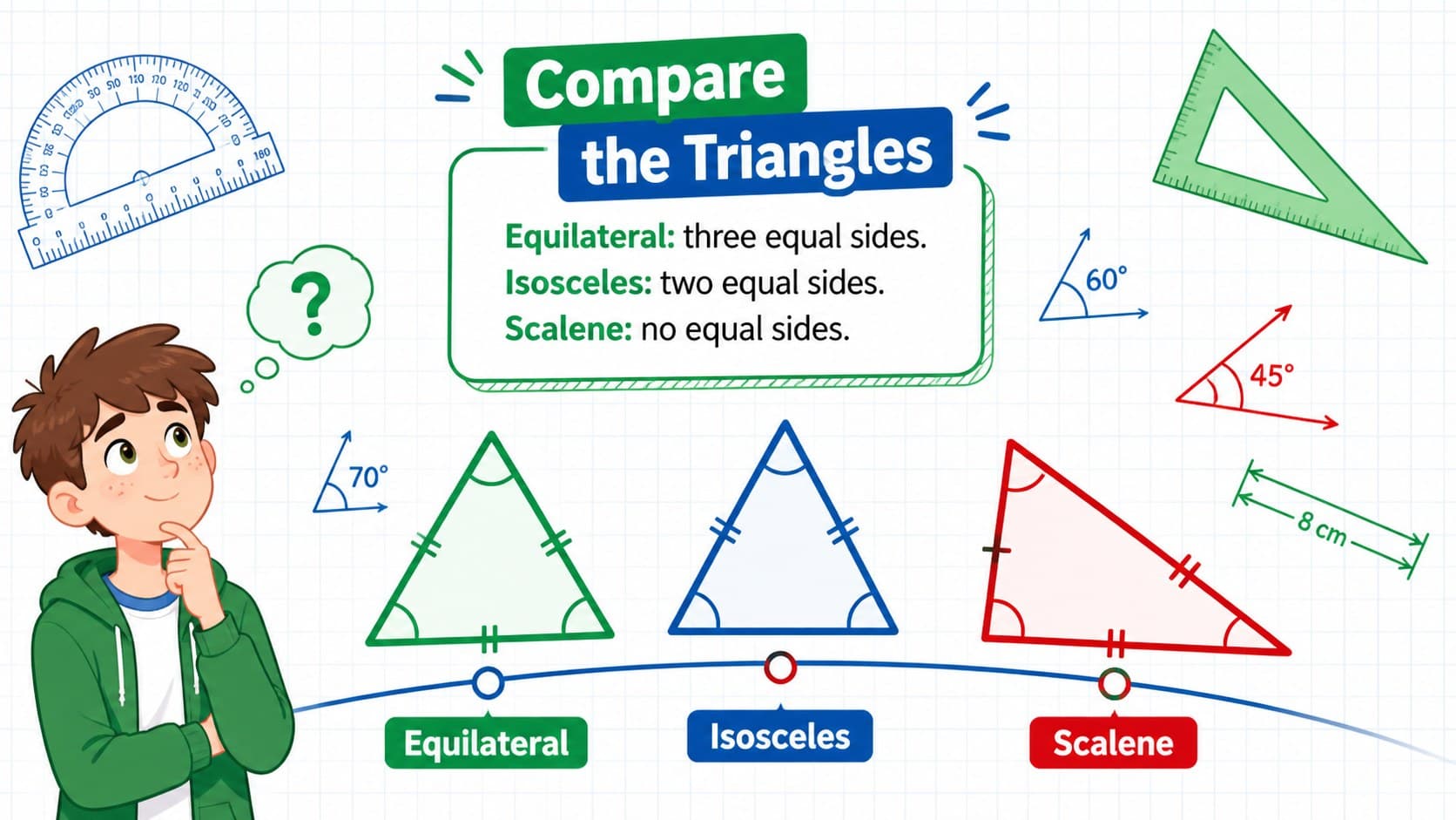 Middle grades geometry slide comparing triangle types with colorful diagrams and concise labels.
