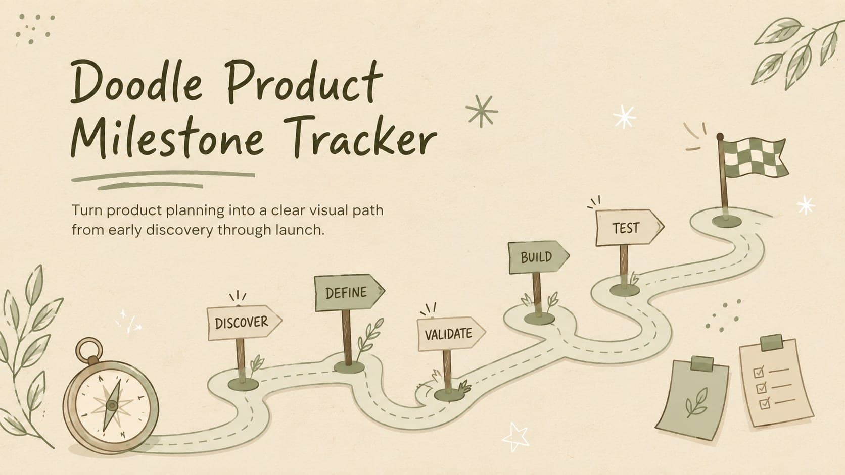 Cover of a doodle product milestone tracker with soft green, beige, and brown planning graphics.