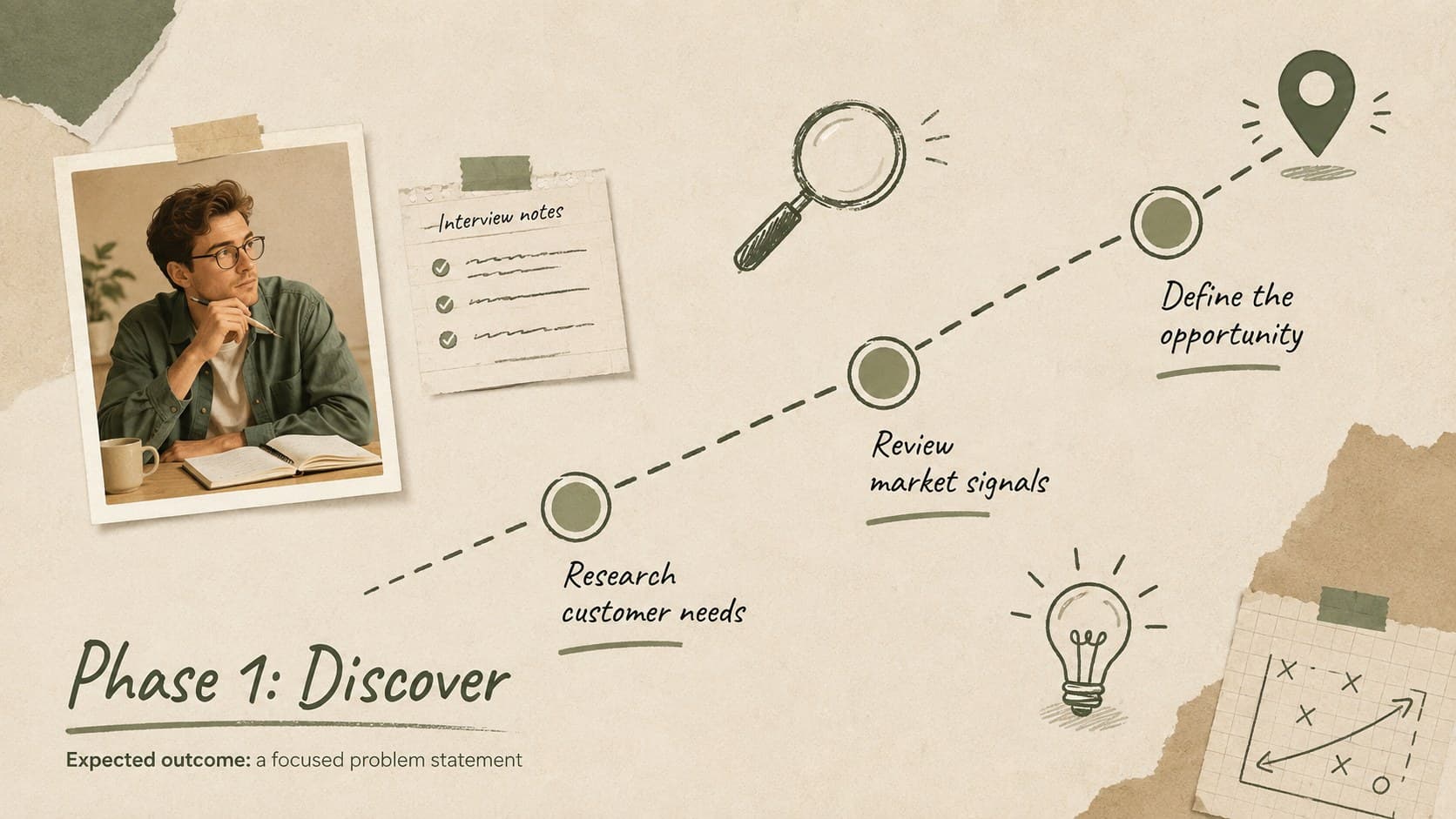 Discovery phase roadmap slide showing research, insight review, and opportunity definition.