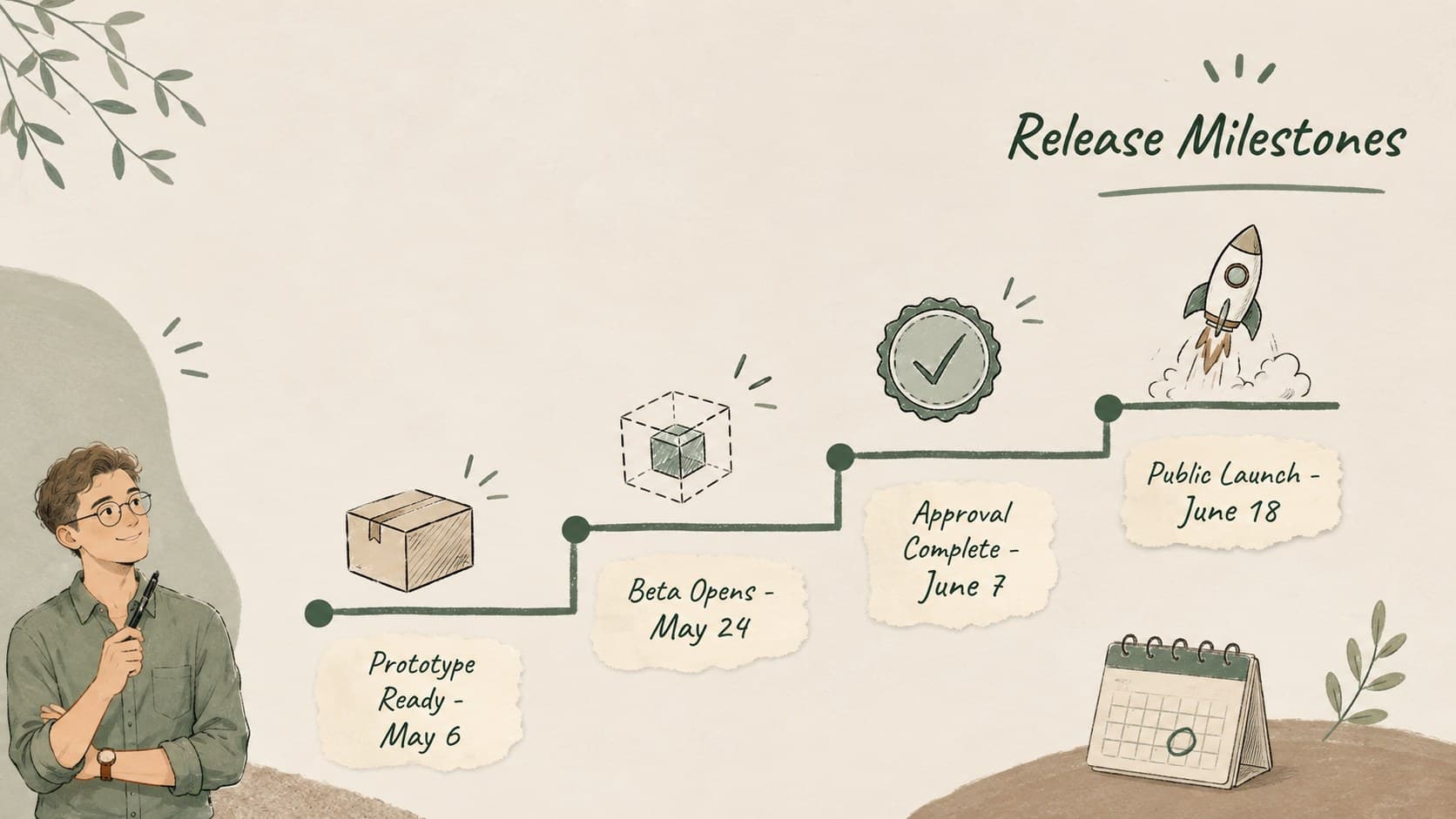 Product release milestone slide listing prototype, beta, approval, and launch checkpoints.