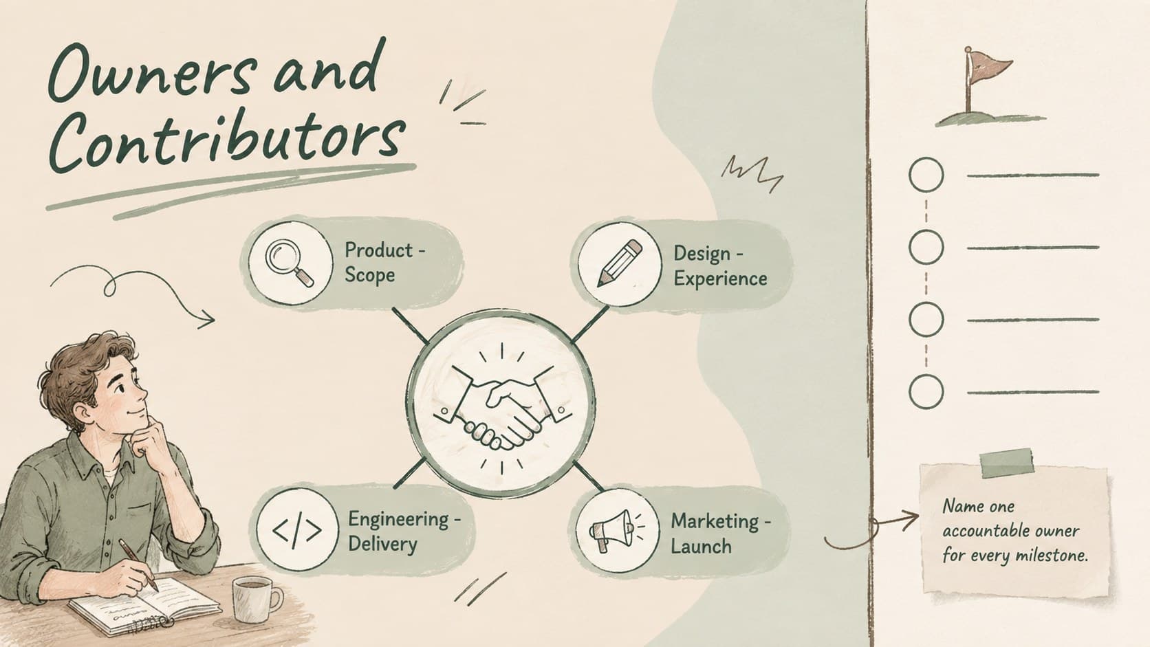 Cross-functional launch planning slide assigning milestone owners and support teams.