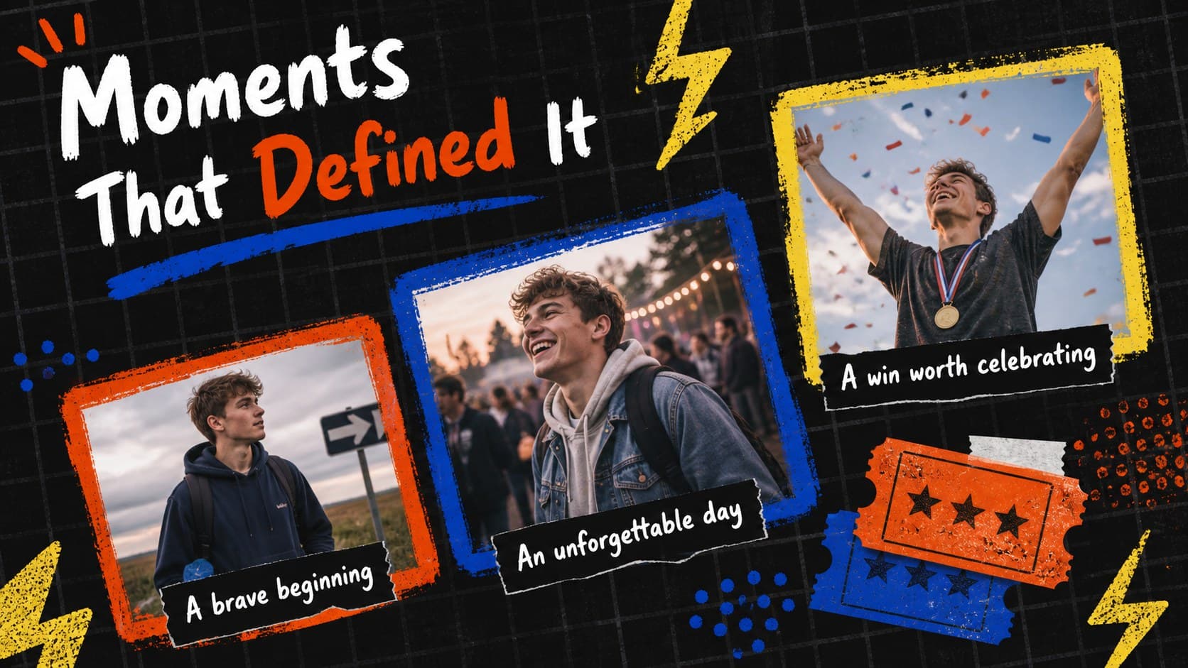 Personal highlight reel presentation slide featuring three defining moments in colorful photo frames.
