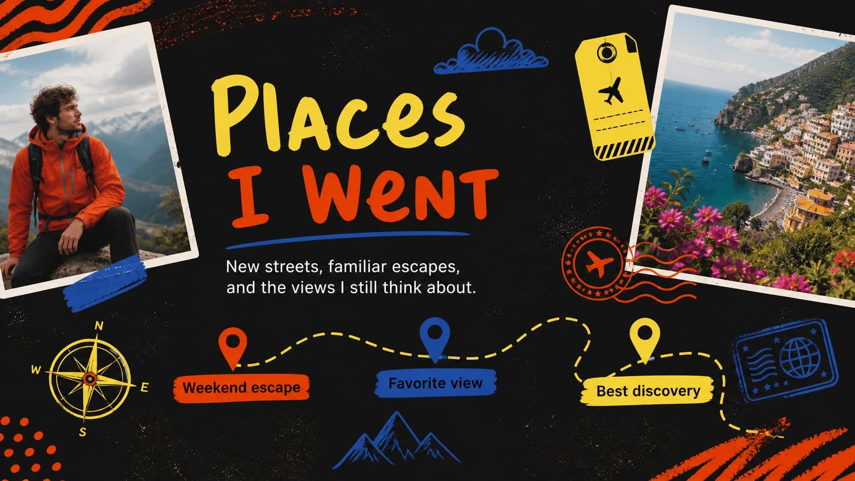 Yearly memories deck for Google Slides showing travel photos, map marks, and favorite destinations.