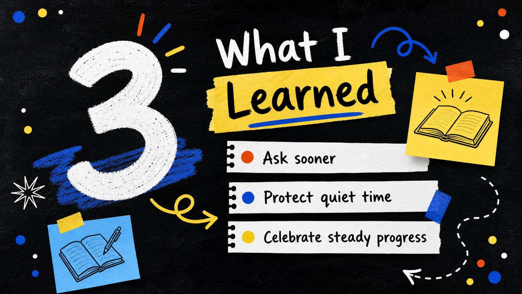Annual reflection slide presenting three lessons learned in a black and colorful doodle layout.