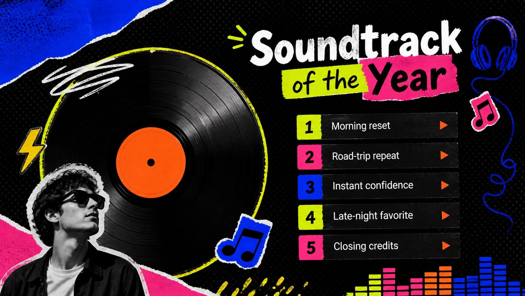 Animated life highlights PowerPoint layout presenting favorite songs with colorful audio-themed doodles.