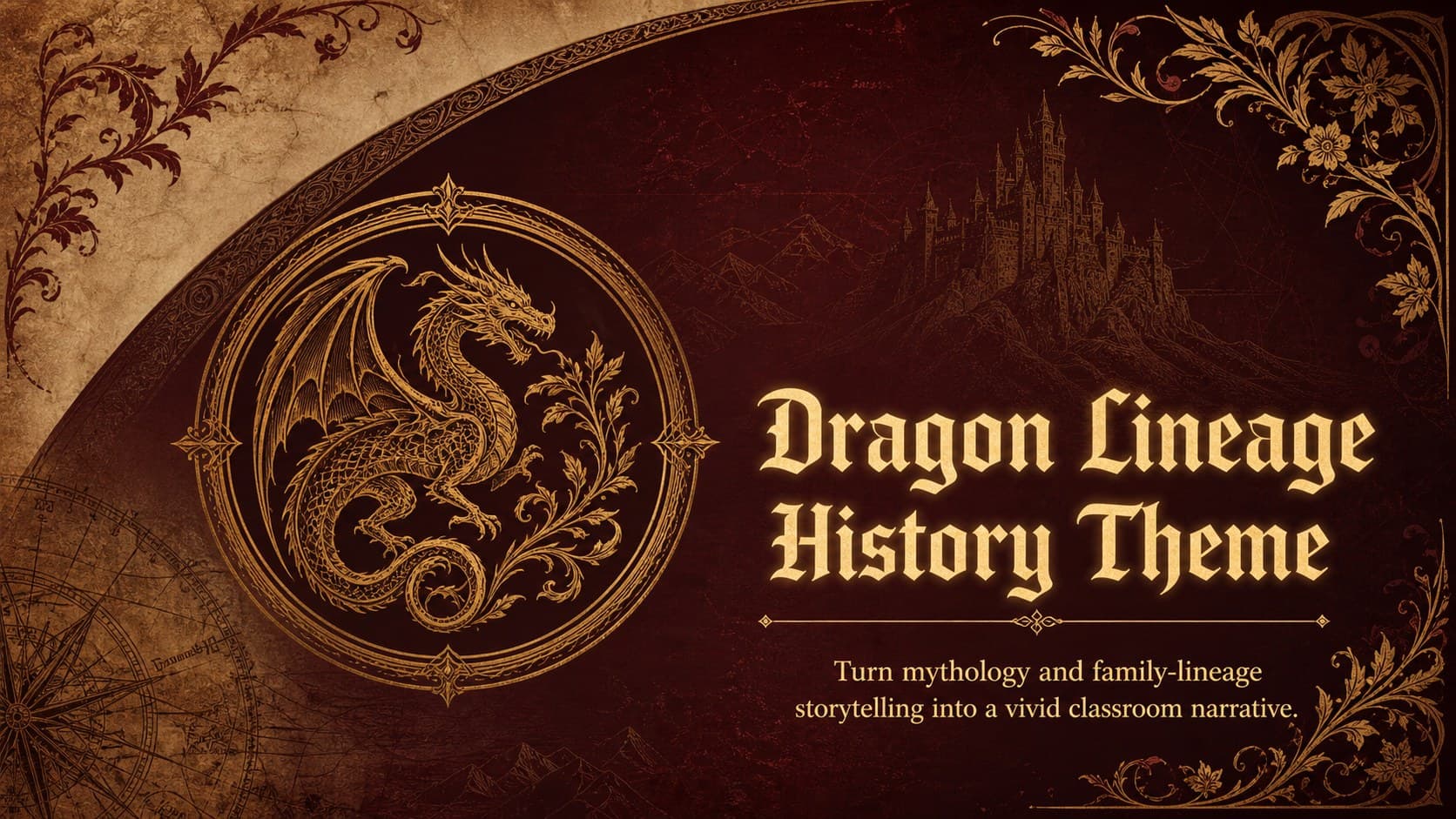 Cover of the Dragon Lineage History Theme with a gold dragon emblem, crimson ornaments, and an aged brown background.