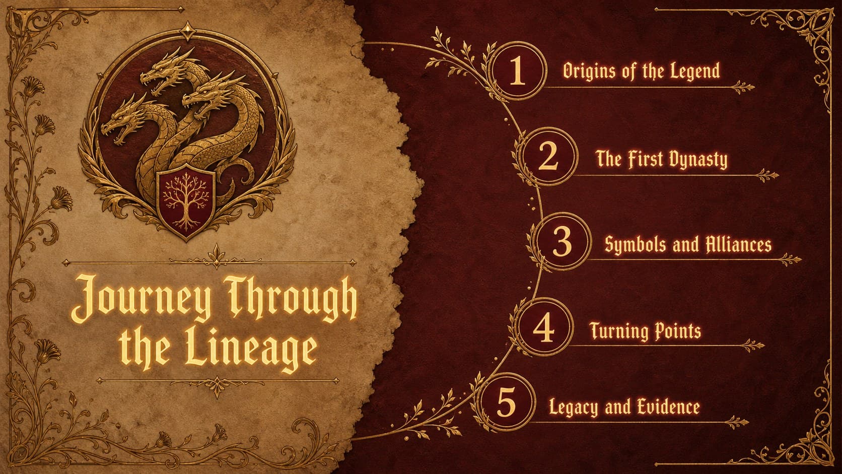 Vintage dragon mythology presentation agenda with five lesson sections arranged around a gold lineage seal.