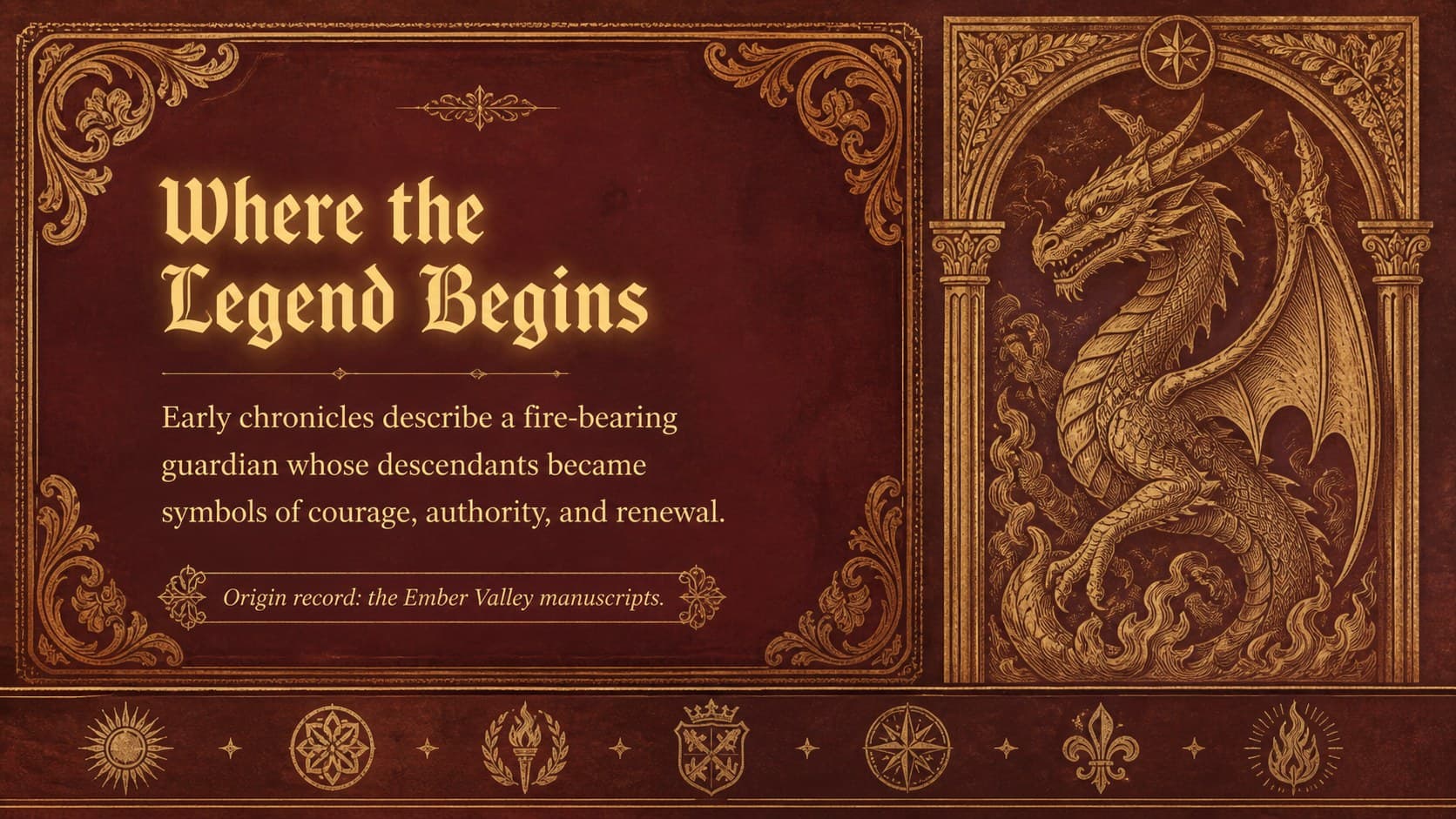 Art Nouveau history slide introducing the origins of a legendary dragon bloodline with parchment notes and a crimson illustration.