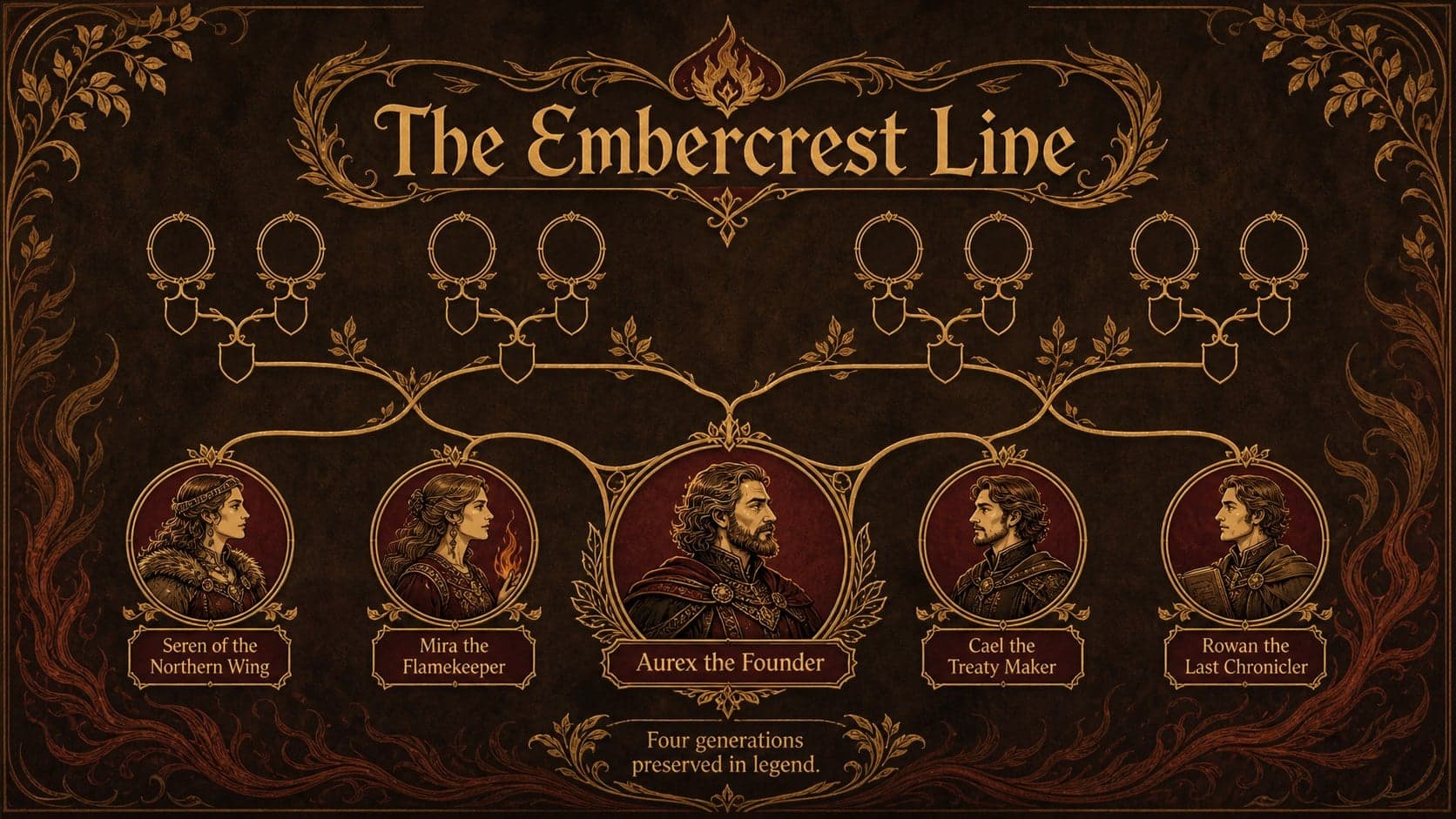 Dragon family tree presentation slide showing four generations connected by ornate gold branches.