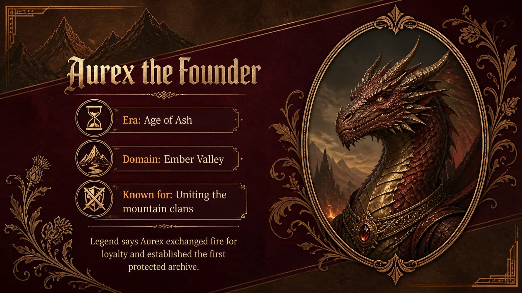 Medieval legends PowerPoint template slide featuring an original dragon ancestor profile and historical facts.
