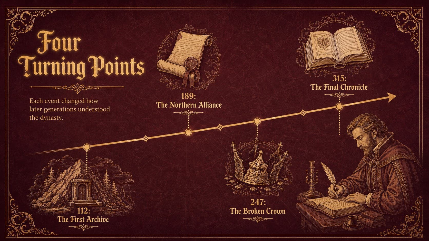 Crimson and gold dragon lineage timeline tracing four turning points in a mythical dynasty.