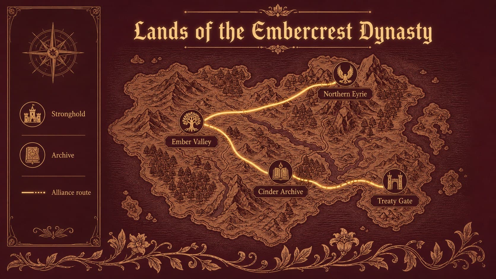 Vintage folklore map slide marking a dragon dynasty's mountain strongholds, archive, and alliance routes.