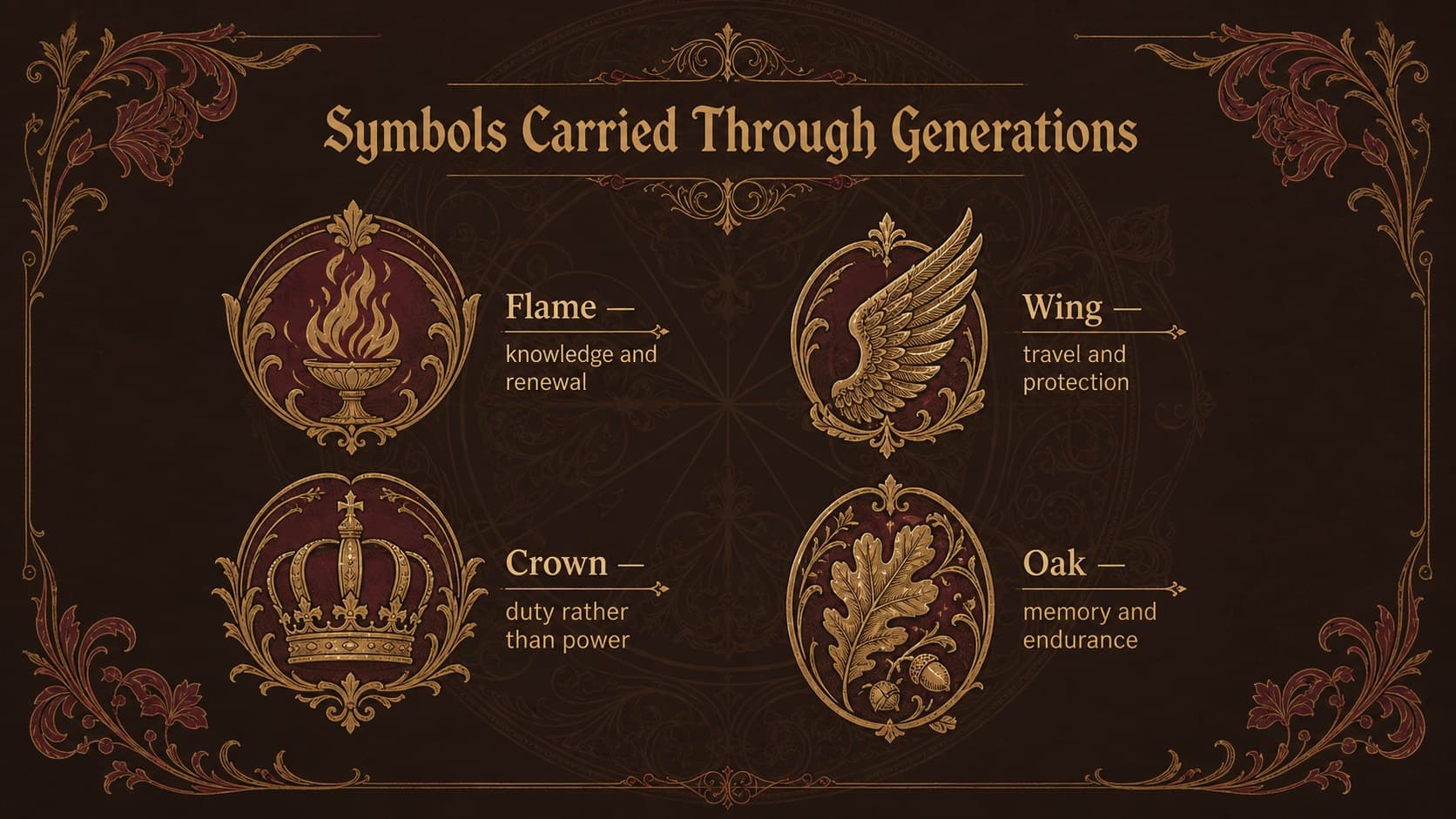 Dragon genealogy diagram slide explaining the meanings of flame, wing, crown, and oak symbols.