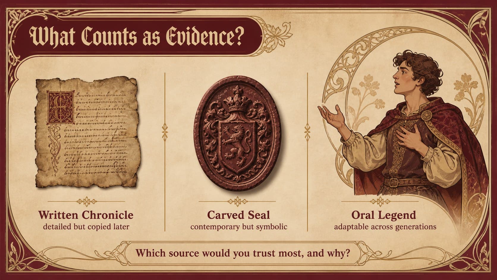 Mythical dynasty classroom presentation comparing a written chronicle, carved seal, and oral legend.