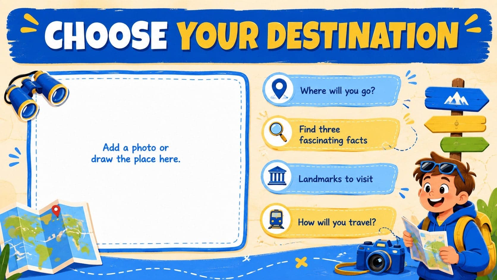 Blue-and-yellow destination research worksheet with prompts for location facts, landmarks and transportation.