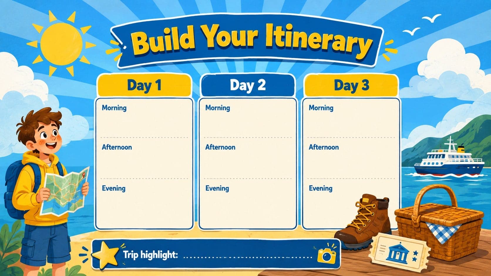 Student itinerary planning worksheet with three day sections and space for travel highlights.