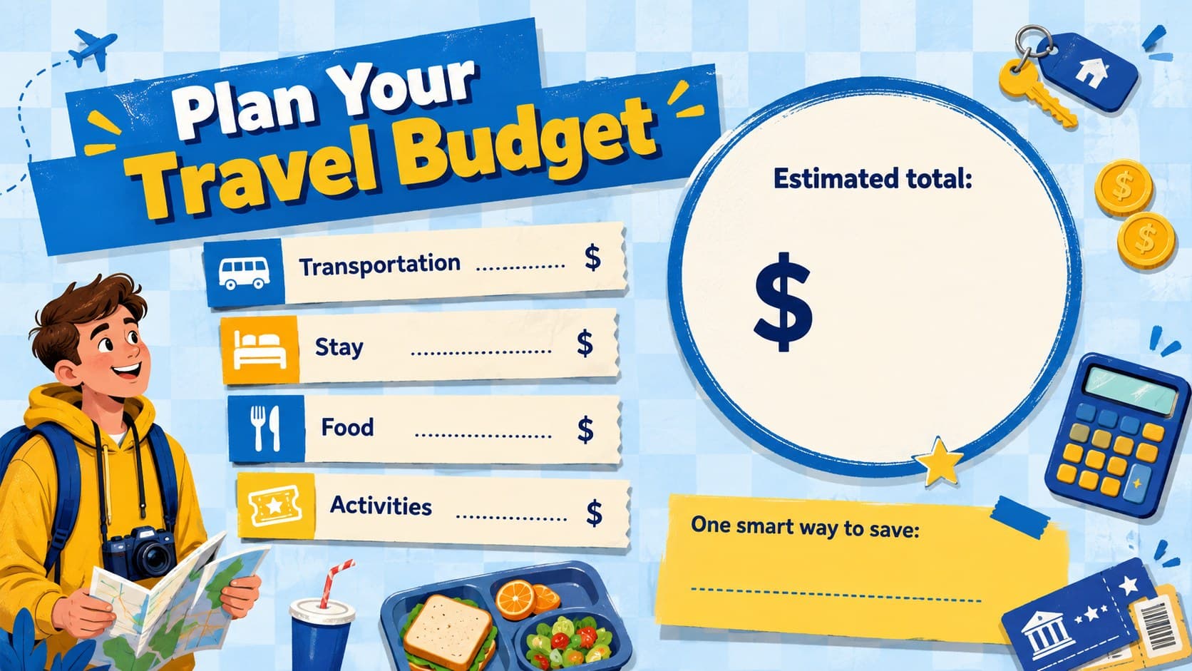 Colorful vacation budgeting classroom worksheet for estimating transportation, lodging, food and activity costs.
