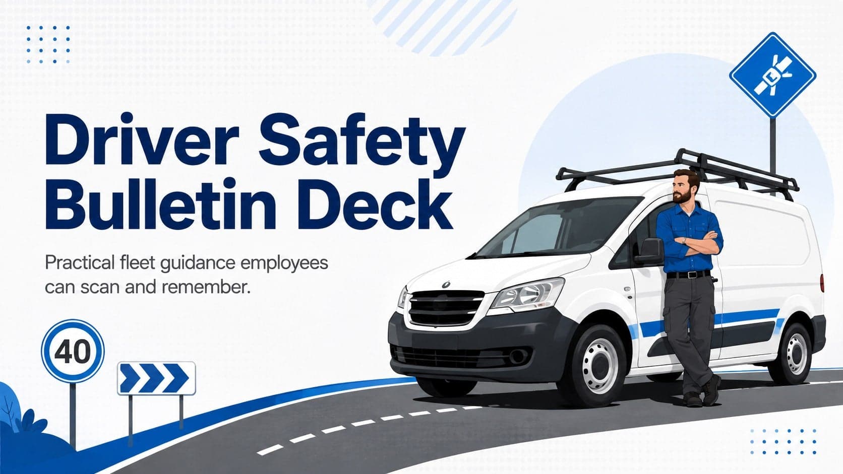 Cover of the Driver Safety Bulletin Deck with clean blue road graphics and an illustrated company vehicle.
