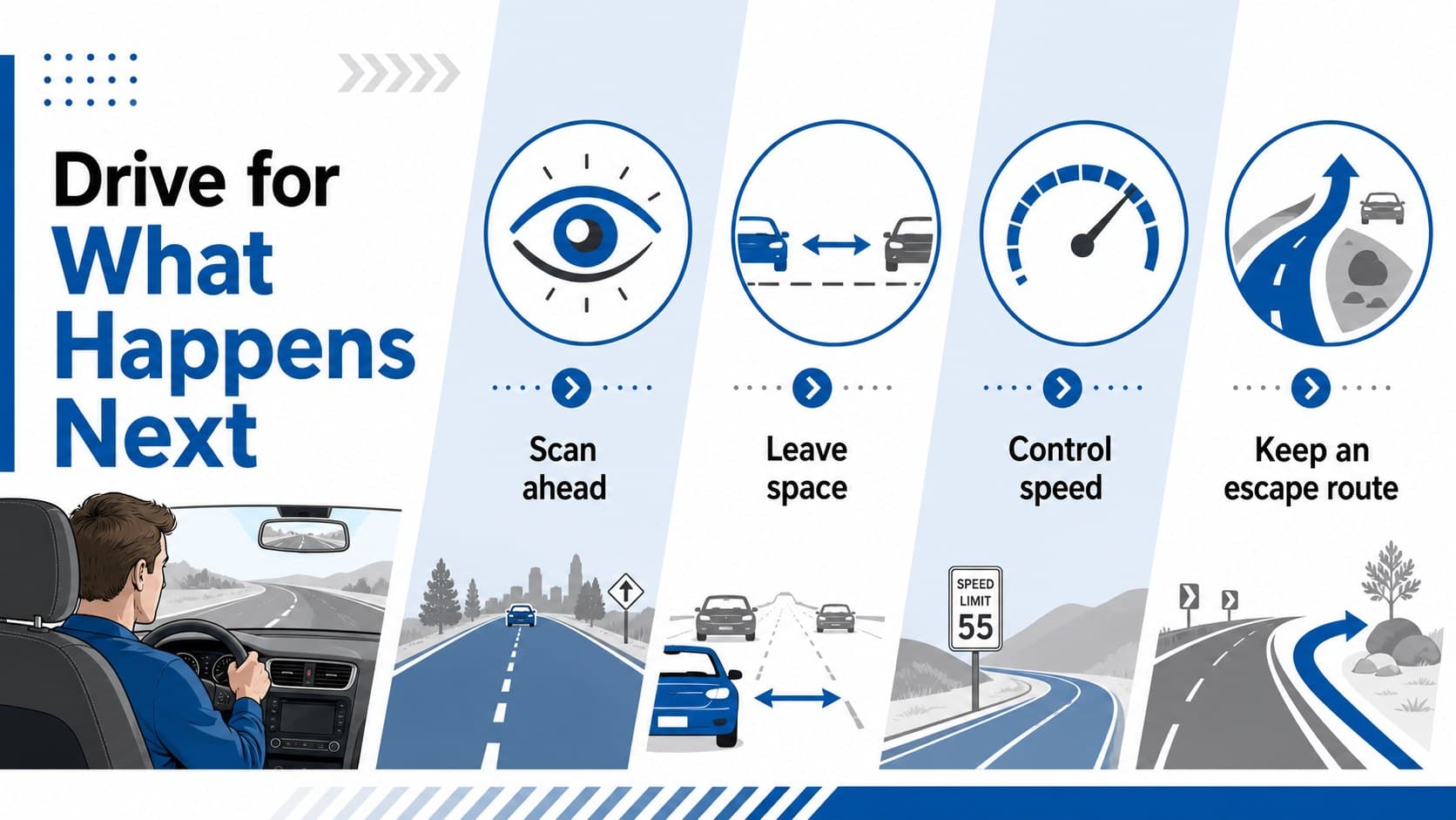 Defensive driving principles shown as four illustrated habits in an employee road safety briefing.