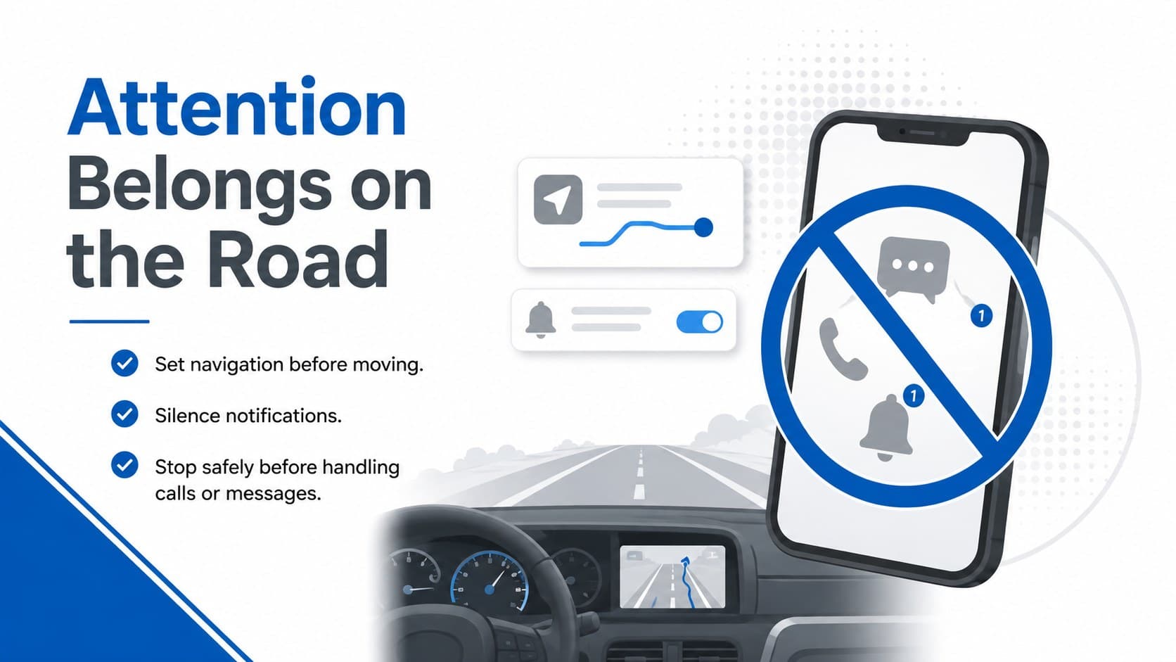 Distraction prevention slide encouraging drivers to put phones away before moving.