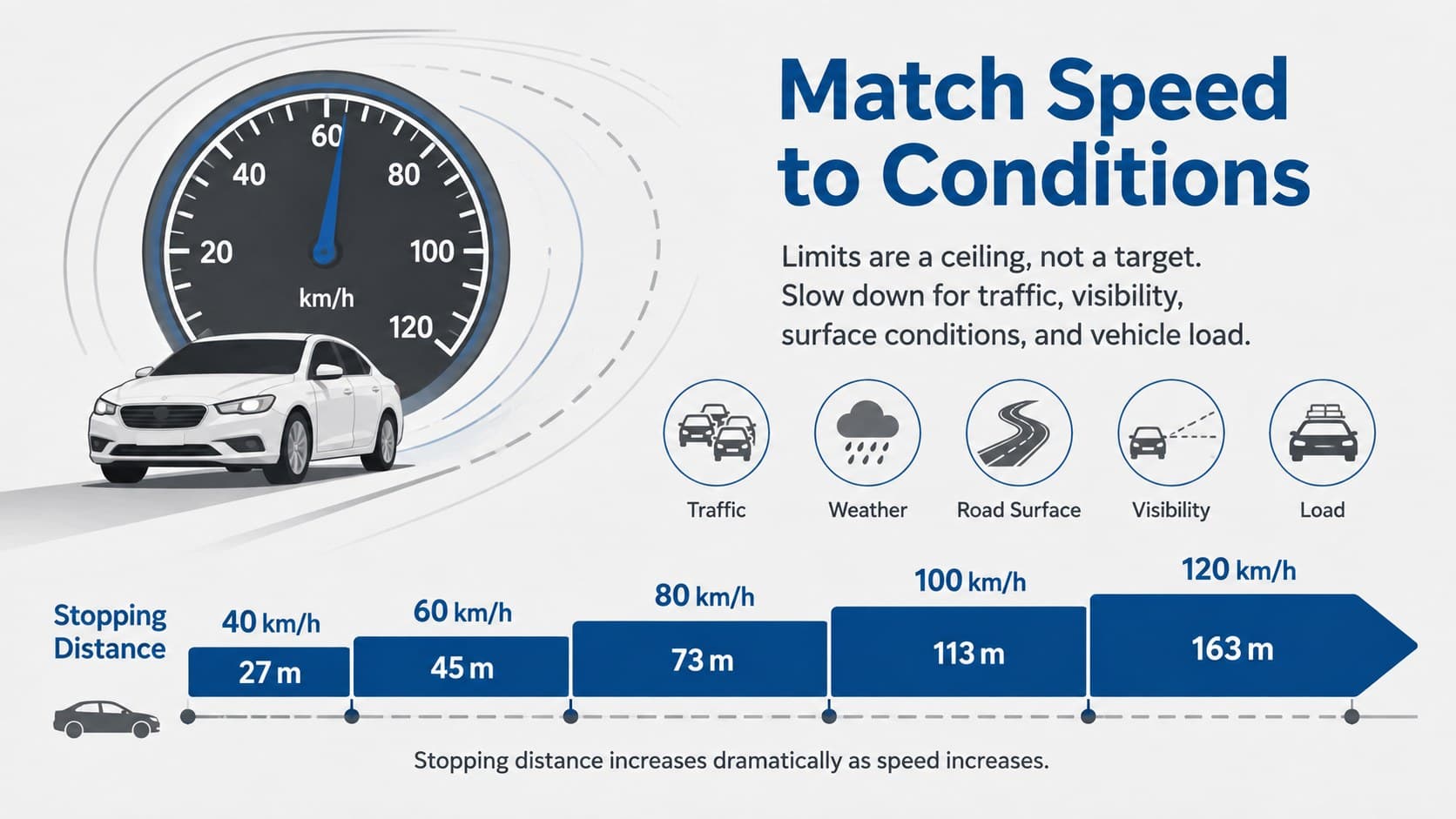 Speed management guidance with stopping-distance comparisons for industrial driver safety slides.