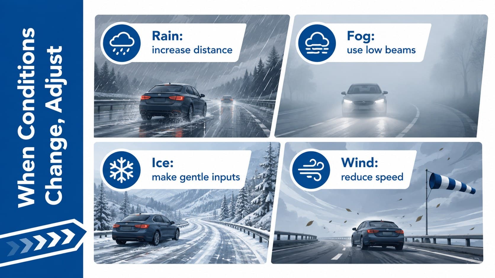 Weather hazard matrix covering rain, fog, ice, and high winds for driver safety training.