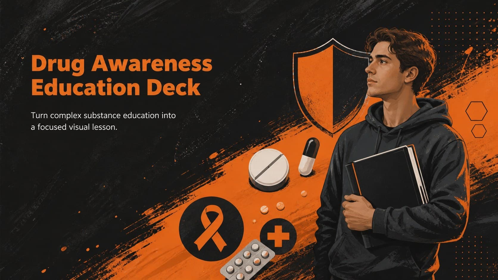 Cover of a black and orange drug awareness education deck with bold illustrated health symbols.