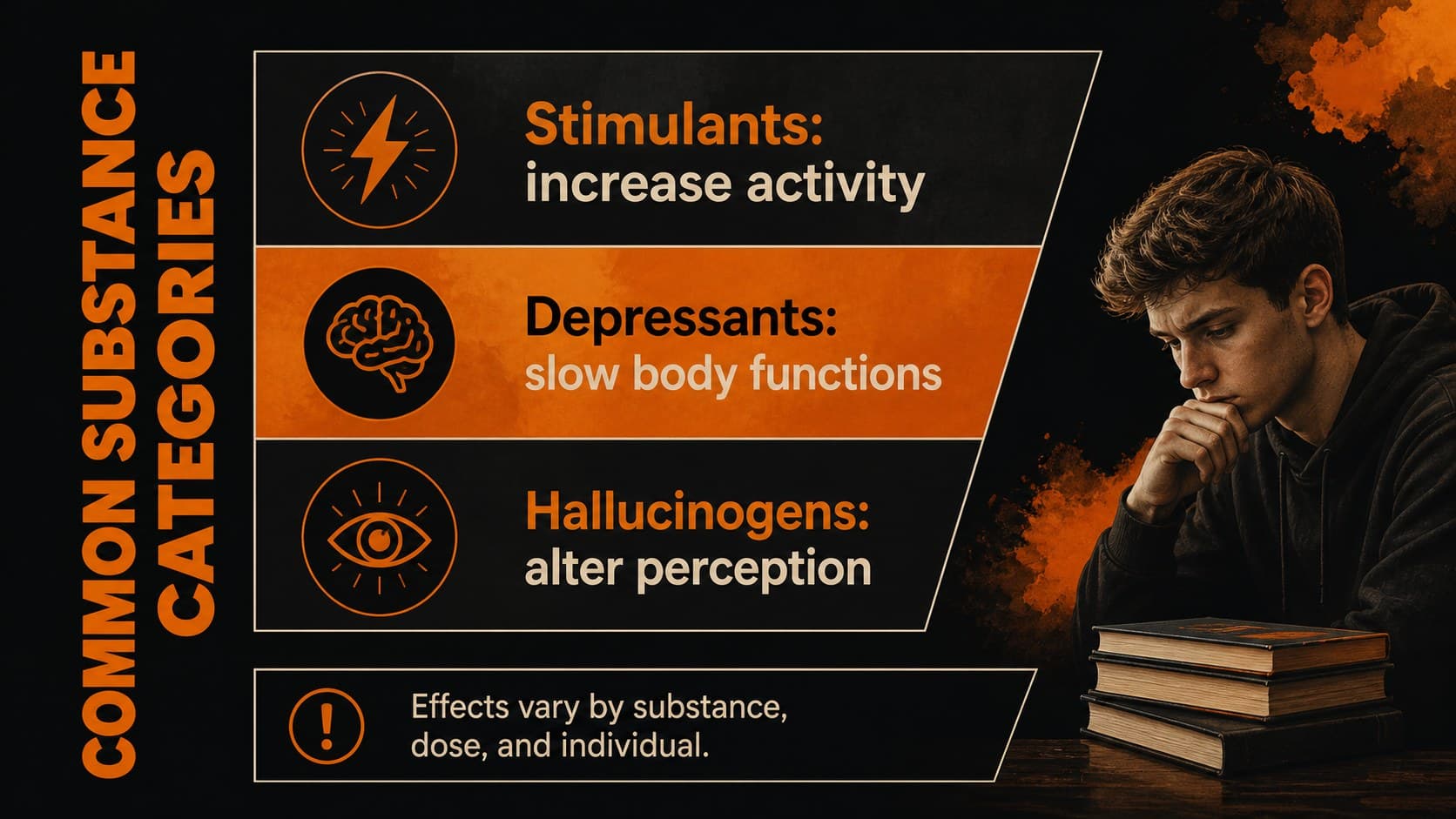Illustrated substance education slide organizing common categories by their effects on the body.