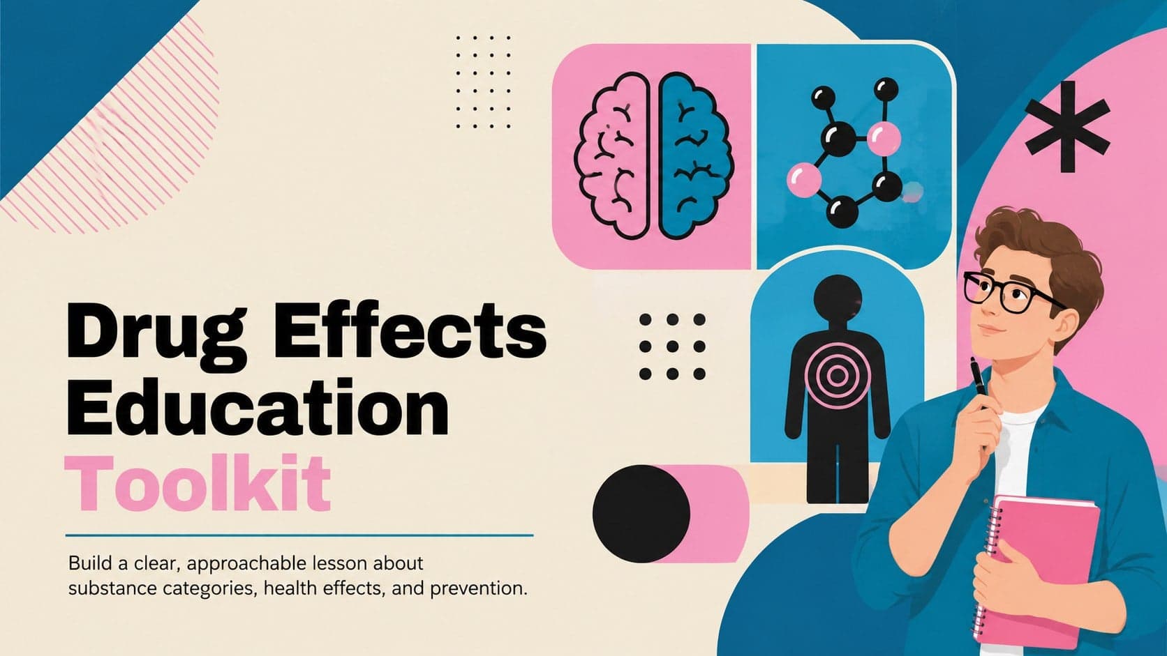 Cover of the Drug Effects Education Toolkit with bold geometric health illustrations in beige, blue, pink, and black.