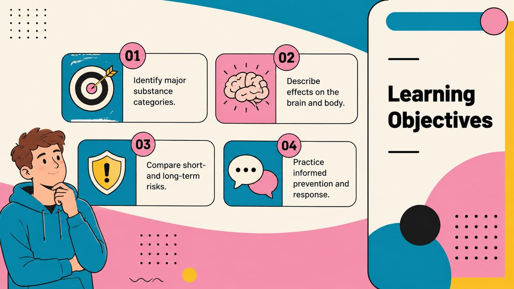 Learning objectives slide for a substance use education presentation with four illustrated lesson goals.
