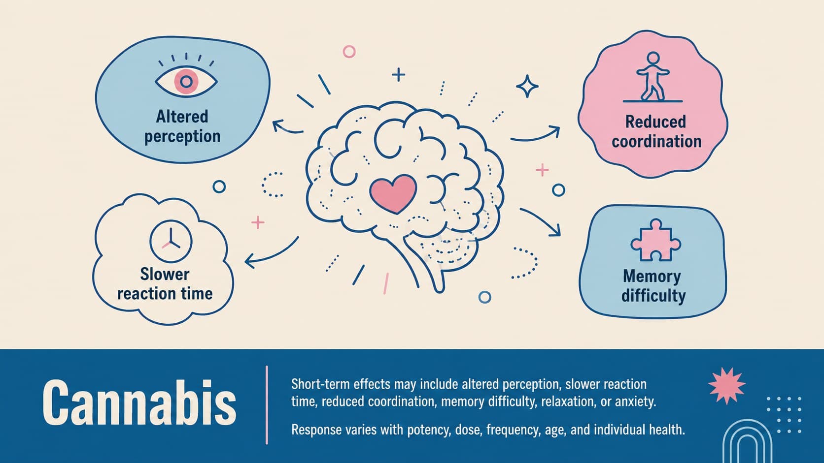 Cannabis health effects slide covering memory, coordination, perception, and individual response.