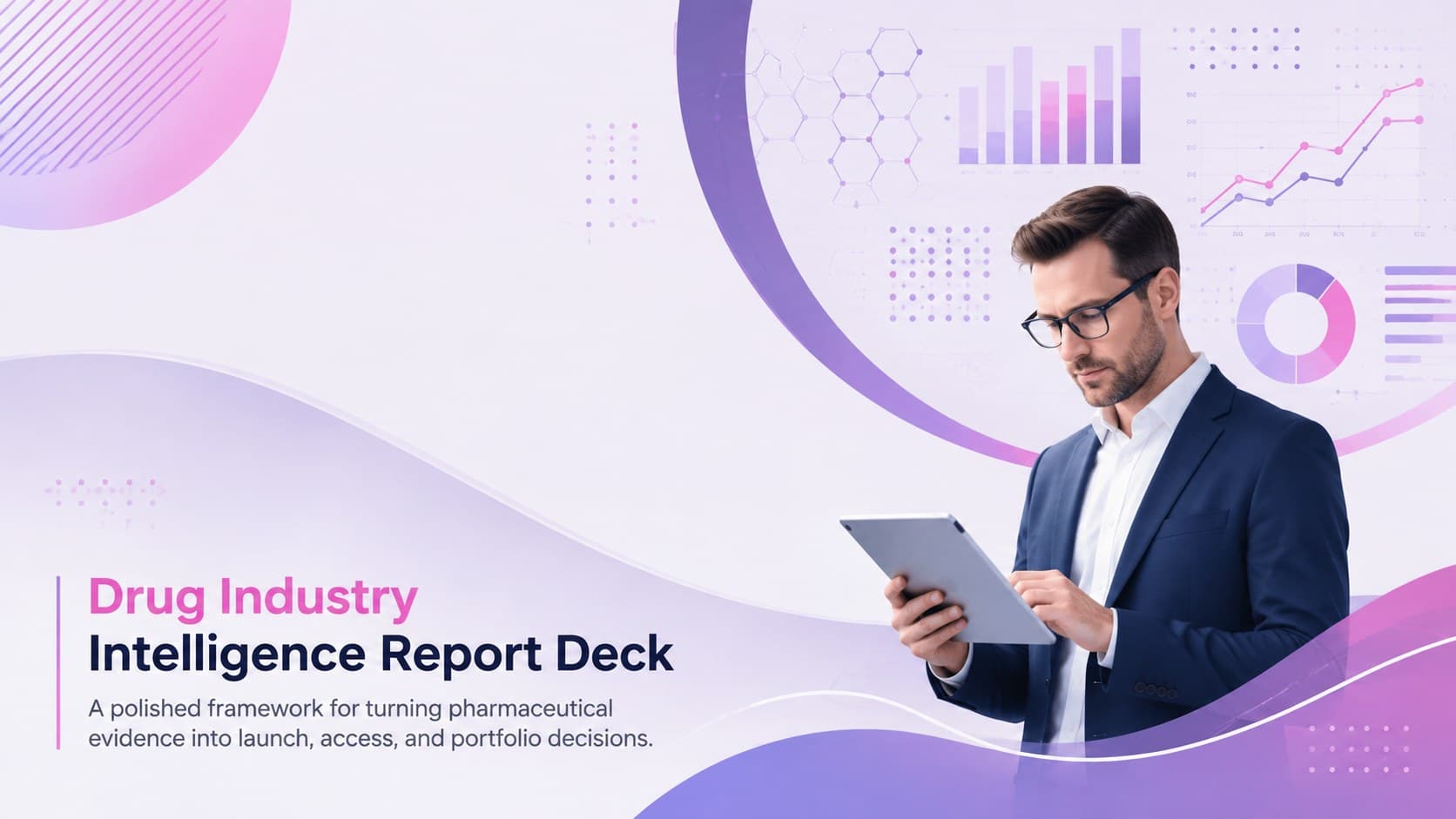 Cover for a Drug Industry Intelligence Report Deck in a minimalist violet, white, and pink corporate style.