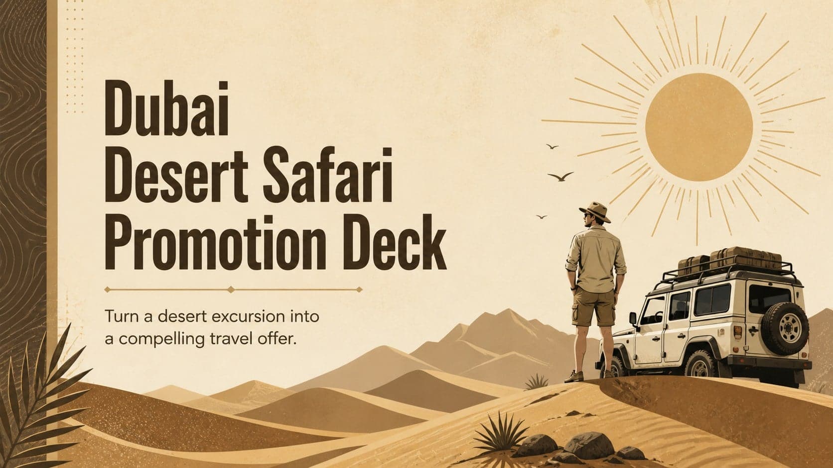 Cover of a Dubai desert safari promotion deck with warm illustrated dunes and a campaign-focused title.
