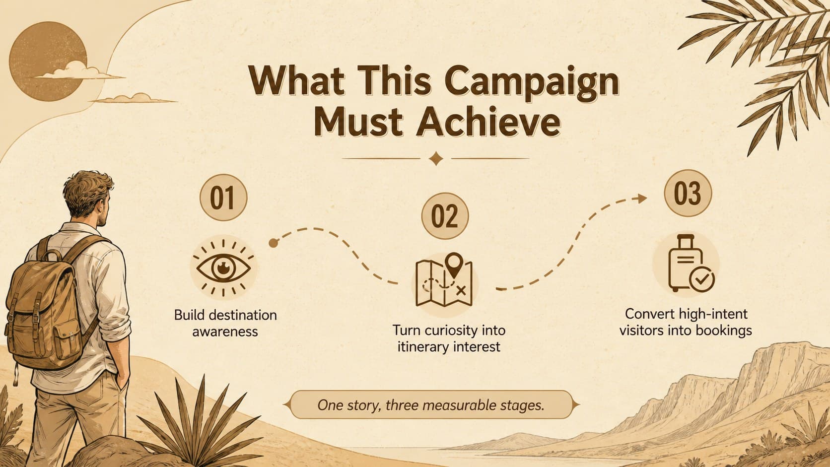 Travel campaign goals slide with three objectives for desert safari awareness, interest, and bookings.