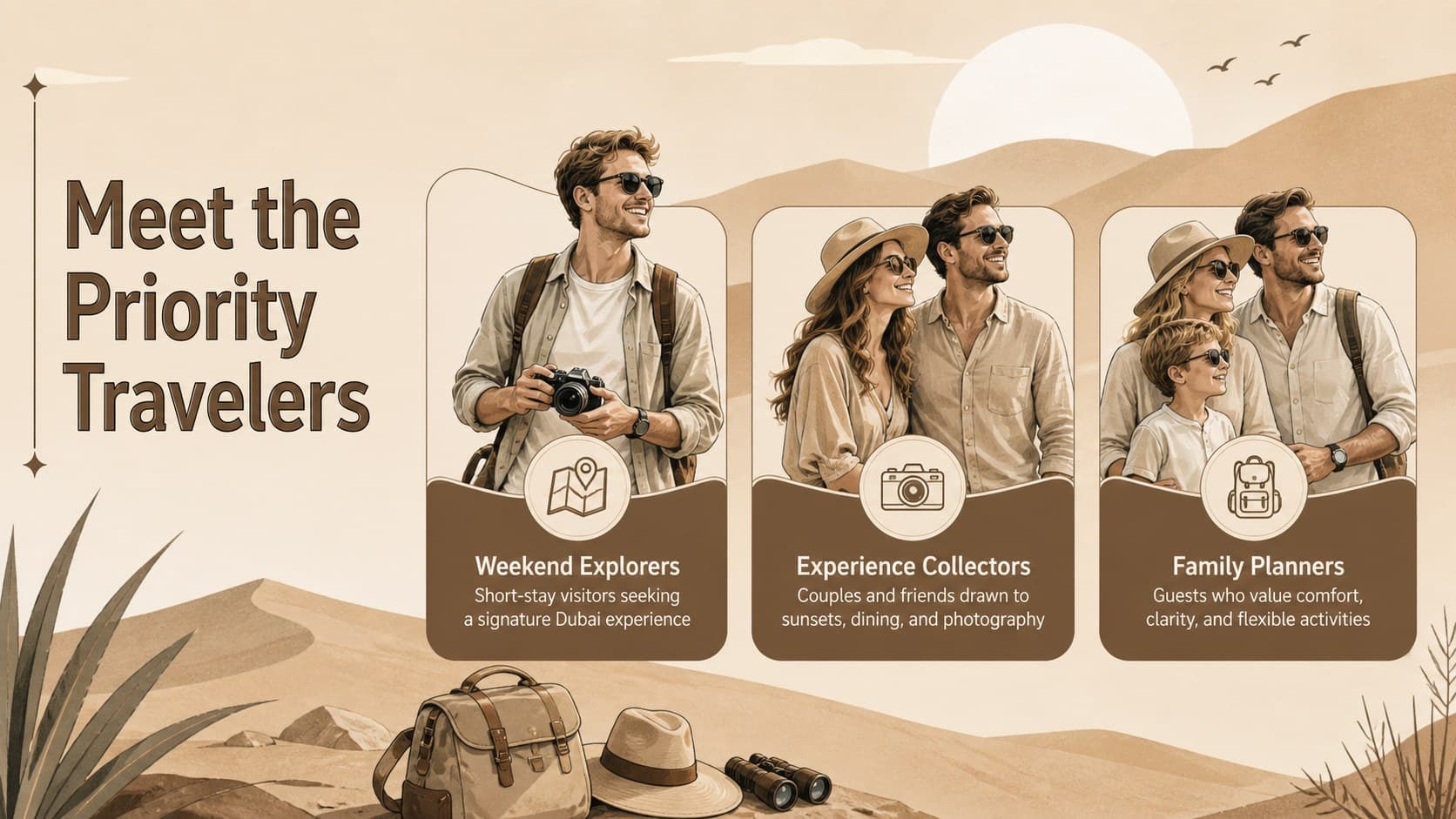 Target traveler personas slide for a Dubai excursion marketing plan in a warm illustrated style.